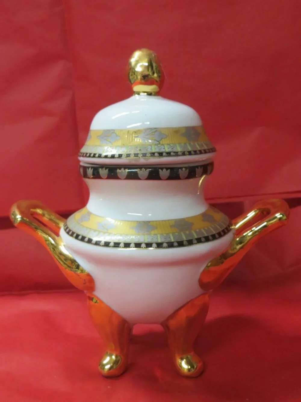 Vintage Porcelain Sugar & Creamer White w Gold & Black Tulips Czechoslovakia?